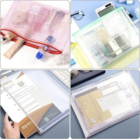 MerryNine 50 قطعة من أكياس الحقيبة الشبكية بسحاب لحروف A4، أكياس شبكية بلاستيكية مع سحاب لتنظيم لعبة الألغاز وتخزين ملفات الفصل الدراسي، حقيبة ملفات مقاومة للماء قابلة لإعادة الاستخدام مع ملصق، ألوان مختلطة in Kuwait