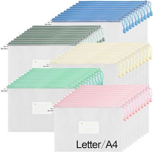 MerryNine 50 قطعة من أكياس الحقيبة الشبكية بسحاب لحروف A4، أكياس شبكية بلاستيكية مع سحاب لتنظيم لعبة الألغاز وتخزين ملفات الفصل الدراسي، حقيبة ملفات مقاومة للماء قابلة لإعادة الاستخدام مع ملصق، ألوان مختلطة in Kuwait