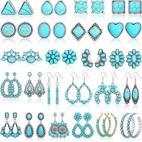 24 Pairs Turquoise Earring Set Turquoise Bohemian Teardrop Dangle Stud Earrings Turquoise Round Metal Earrings Boho Vintage Oval Earring Metal Earring for Women and Girls (Ear Stud Style) in Saudi Arabia