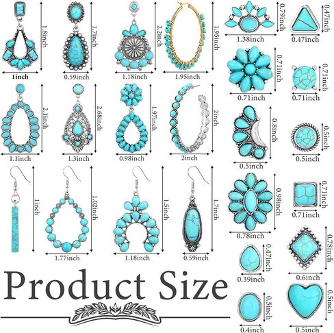 24 Pairs Turquoise Earring Set Turquoise Bohemian Teardrop Dangle Stud Earrings Turquoise Round Metal Earrings Boho Vintage Oval Earring Metal Earring for Women and Girls (Ear Stud Style) in Saudi Arabia