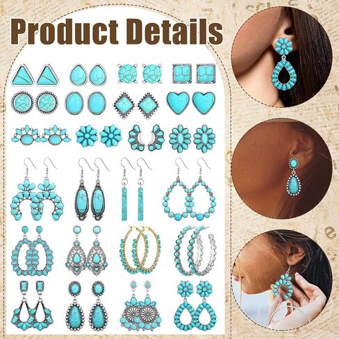24 Pairs Turquoise Earring Set Turquoise Bohemian Teardrop Dangle Stud Earrings Turquoise Round Metal Earrings Boho Vintage Oval Earring Metal Earring for Women and Girls (Ear Stud Style) in Saudi Arabia