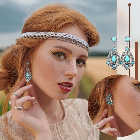 24 Pairs Turquoise Earring Set Turquoise Bohemian Teardrop Dangle Stud Earrings Turquoise Round Metal Earrings Boho Vintage Oval Earring Metal Earring for Women and Girls (Ear Stud Style) in Saudi Arabia