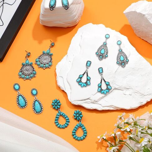 24 Pairs Turquoise Earring Set Turquoise Bohemian Teardrop Dangle Stud Earrings Turquoise Round Metal Earrings Boho Vintage Oval Earring Metal Earring for Women and Girls (Ear Stud Style) in Saudi Arabia