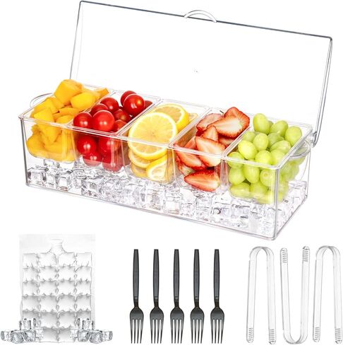 Chilled Condiment Server Clear ICY Condiment Bar Condiment Tray ice Party Serving bar with Lid Bar Garnish Holder on ice 5 Removable Compartments in Saudi Arabia