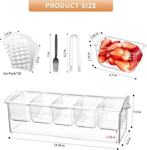 Chilled Condiment Server Clear ICY Condiment Bar Condiment Tray ice Party Serving bar with Lid Bar Garnish Holder on ice 5 Removable Compartments in Saudi Arabia