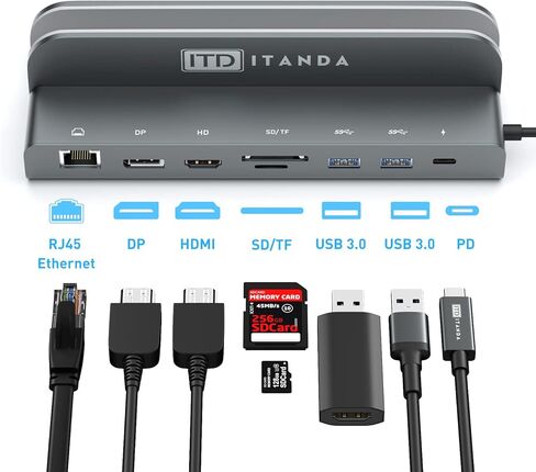 محطة إرساء الكمبيوتر المحمول USB C - ITD ITANDA - محطة إرساء محور الكمبيوتر المحمول، محطة إرساء 8 في 1 لأجهزة الكمبيوتر المحمول والهاتف USB C، متوافقة مع MacBook Pro وSamsung Galaxy Notebook in Kuwait