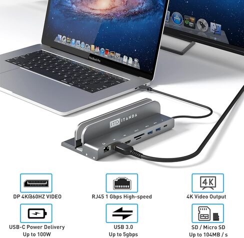 محطة إرساء الكمبيوتر المحمول USB C - ITD ITANDA - محطة إرساء محور الكمبيوتر المحمول، محطة إرساء 8 في 1 لأجهزة الكمبيوتر المحمول والهاتف USB C، متوافقة مع MacBook Pro وSamsung Galaxy Notebook in Kuwait