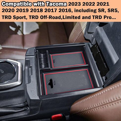 منظم وحدة التحكم المركزية TACOBRO متوافق مع ملحقات Toyota Tacoma 2016 2017 2018 2019 2020 2021 2022 2023، صندوق تخزين أسفل المقعد بمسند الذراع الداخلي، زخرفة سوداء in Saudi Arabia