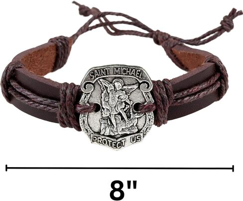 سوار Needzo Saint Michael، سوار من الجلد البني قابل للتعديل، مجوهرات كاثوليكية لحماية الصلاة، 8 بوصات in Saudi Arabia
