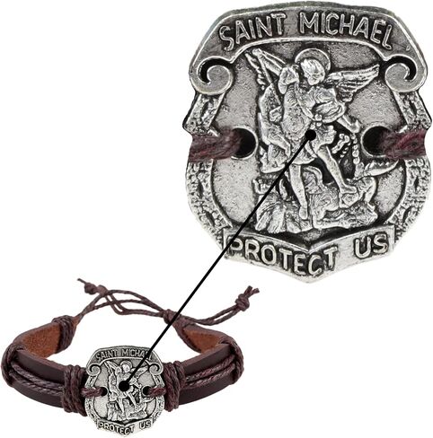 سوار Needzo Saint Michael، سوار من الجلد البني قابل للتعديل، مجوهرات كاثوليكية لحماية الصلاة، 8 بوصات in Saudi Arabia