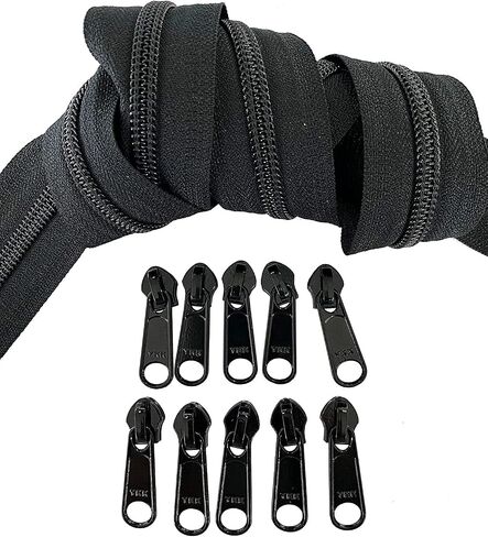 #5 YKK Continuous Nylon Coil Black Zipper Chain Includes #5 Black Non-Locking Long Pulls with Bottom Stops - Color Black - Choose Your Length - Made in The United States (5 Yards & 10 Pulls) in Saudi Arabia