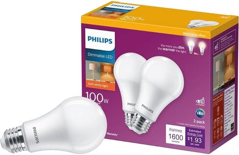 PHILIPS LED Dimmable Warm Glow Effect A19, Flicker-Free, EyeComort Technology, 1600 Lumen, 2200K-2700K, 16W=100W, E26 Base, Title 20 Certified - 2 Bulbs in Saudi Arabia