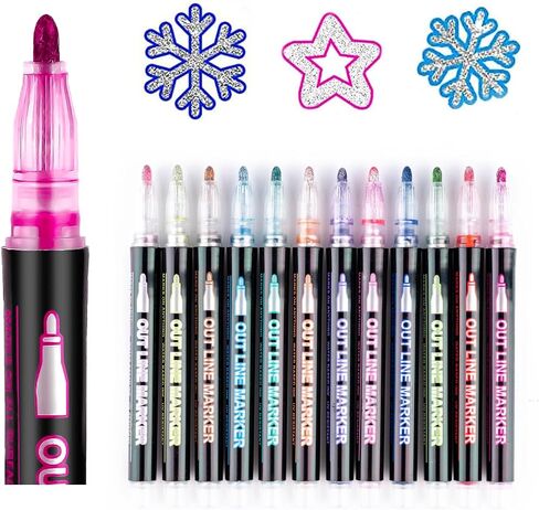 Double Line Outline Markers 12 Colors Super Glitter Markers Self Outline Metallic Markers, Doodle Shimmer Markers Drawing Pens for Christmas Greeting Card, Birthday Gift, DIY Art Crafts in Saudi Arabia