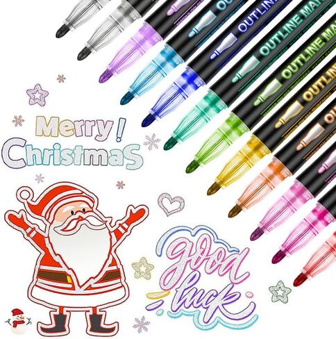 Double Line Outline Markers 12 Colors Super Glitter Markers Self Outline Metallic Markers, Doodle Shimmer Markers Drawing Pens for Christmas Greeting Card, Birthday Gift, DIY Art Crafts in Saudi Arabia