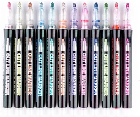 Double Line Outline Markers 12 Colors Super Glitter Markers Self Outline Metallic Markers, Doodle Shimmer Markers Drawing Pens for Christmas Greeting Card, Birthday Gift, DIY Art Crafts in Saudi Arabia
