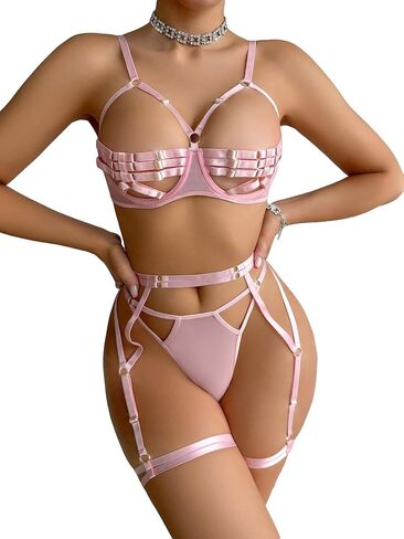 طقم ملابس داخلية نسائية من COZYEASE مكون من 3 قطع مجوفة وحمالة صدر وسروال داخلي وقميص داخلي in Saudi Arabia