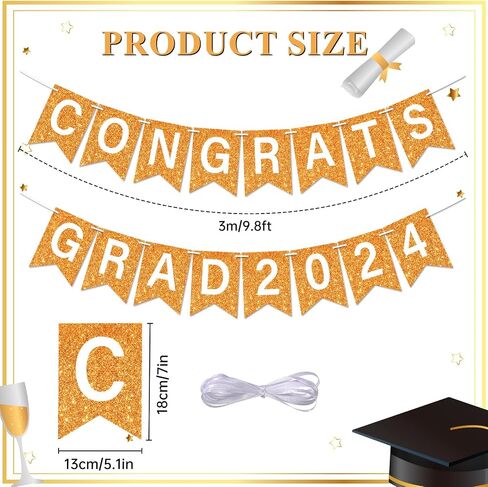 لافتة جليتر Congrats Grad 2024، ديكورات حفلات التخرج الذهبية، فئة 2024، لافتة تخرج Congrats Grad 2024، لافتة إكليل للمدرسة الثانوية، لوازم حفلات التخرج in Saudi Arabia