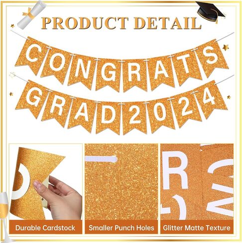 لافتة جليتر Congrats Grad 2024، ديكورات حفلات التخرج الذهبية، فئة 2024، لافتة تخرج Congrats Grad 2024، لافتة إكليل للمدرسة الثانوية، لوازم حفلات التخرج in Saudi Arabia