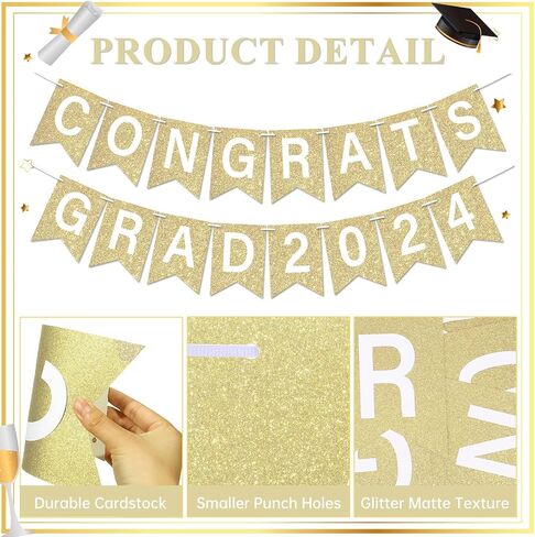 Glitter Congrats Grad 2024 Banner Black Graduation Party Decorations Class of 2024 Graduation Banner Congrats Grad 2024 Sign Garland for High School College Graduation Party Supplies in Saudi Arabia