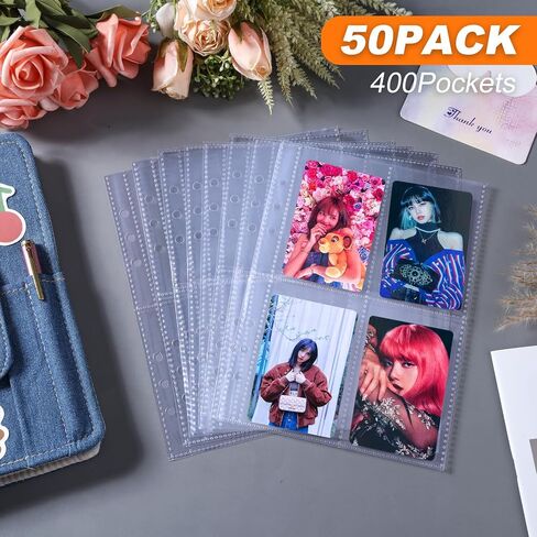 50 Pack 400 Pockets 6 Ring A5 Binder Sleeves,2.5x3.5 Inch Trading Card Sleeves,Ultra-Clear K-pop Photocard Sleeves, Double-Sided 4 Pocket Photo Pages, Top Loading Photo Sheet Protector for Photos in Saudi Arabia