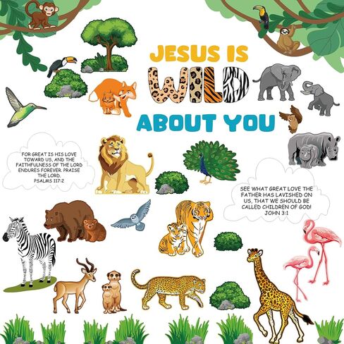 79 Pcs Jungle Animals Leaves Bulletin Board Set Wild Animal Cut Outs Wild About Jesus Christian Bulletin Board Decorations Wall Decals Decor School Learning Activities for Church Party in Saudi Arabia
