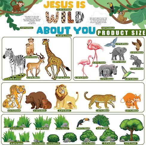 79 Pcs Jungle Animals Leaves Bulletin Board Set Wild Animal Cut Outs Wild About Jesus Christian Bulletin Board Decorations Wall Decals Decor School Learning Activities for Church Party in Saudi Arabia