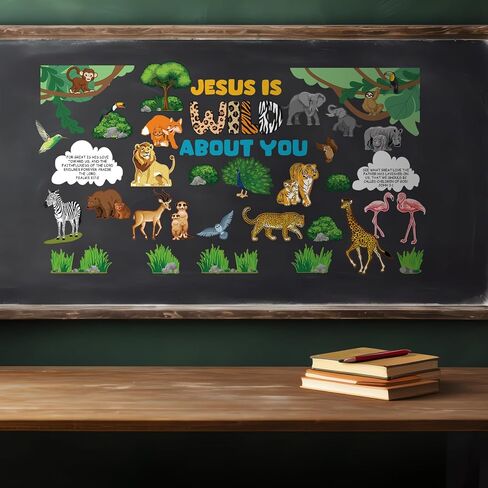 79 Pcs Jungle Animals Leaves Bulletin Board Set Wild Animal Cut Outs Wild About Jesus Christian Bulletin Board Decorations Wall Decals Decor School Learning Activities for Church Party in Saudi Arabia