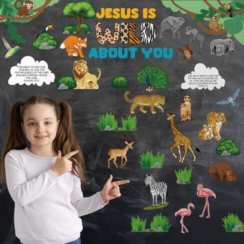 79 Pcs Jungle Animals Leaves Bulletin Board Set Wild Animal Cut Outs Wild About Jesus Christian Bulletin Board Decorations Wall Decals Decor School Learning Activities for Church Party in Saudi Arabia