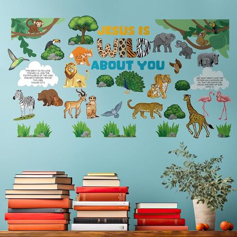 79 Pcs Jungle Animals Leaves Bulletin Board Set Wild Animal Cut Outs Wild About Jesus Christian Bulletin Board Decorations Wall Decals Decor School Learning Activities for Church Party in Saudi Arabia