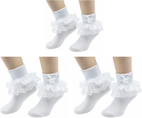 3 Pairs Little Girls Double Ruffle Lace Socks, Toddler Big Kids Frilly Princess Dress Ankle Socks,Fit All Season in Saudi Arabia