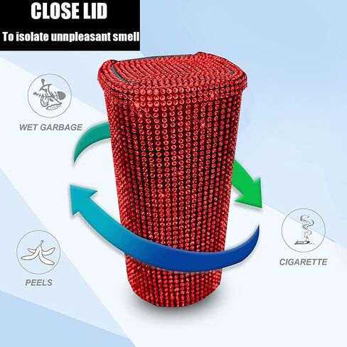 Bling Rhinestone Auto Garbage Can Car Trash Can with Lid Mini Garbage Bin for Automotive Car, Home, Office, Kitchen, Bedroom (Red) in Saudi Arabia