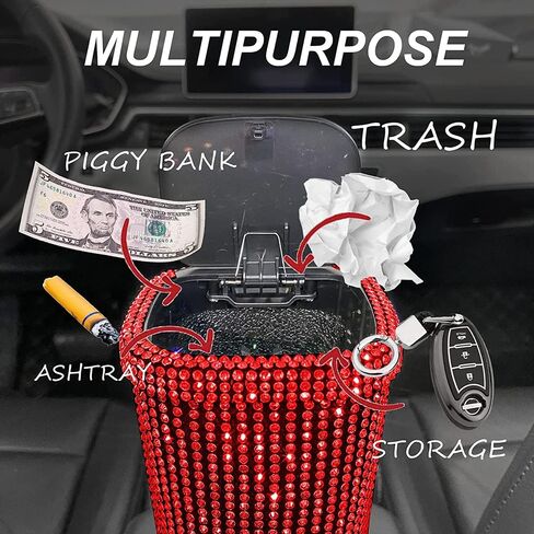Bling Rhinestone Auto Garbage Can Car Trash Can with Lid Mini Garbage Bin for Automotive Car, Home, Office, Kitchen, Bedroom (Red) in Saudi Arabia