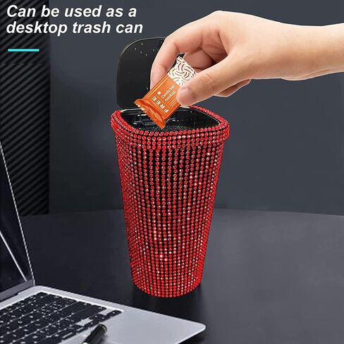 Bling Rhinestone Auto Garbage Can Car Trash Can with Lid Mini Garbage Bin for Automotive Car, Home, Office, Kitchen, Bedroom (Red) in Saudi Arabia