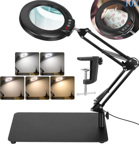 10X Magnifying Glass with Light and Stand, 2-in-1 Magnifying Desk Lamp with Clamp, 5 Color Modes Stepless Dimmable, LED Lighted Magnifier Hands Free for Painting Sewing Craft Close Work Hobby in Saudi Arabia