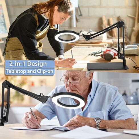 10X Magnifying Glass with Light and Stand, 2-in-1 Magnifying Desk Lamp with Clamp, 5 Color Modes Stepless Dimmable, LED Lighted Magnifier Hands Free for Painting Sewing Craft Close Work Hobby in Saudi Arabia