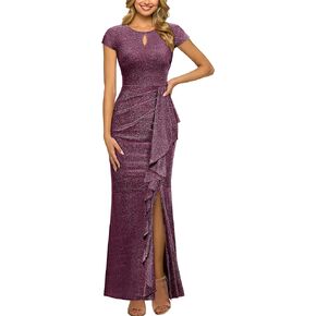 Miusol Women's Classy Style Round Neck Ruffle Cocktail Prom Long Dress