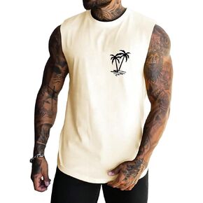 GORGLITTER Men's Workout Tank Top Coconut Tree Print Sleeveless Muscle Athletic Tank Tops