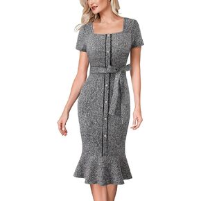 VFSHOW Womens Business Retro Square Neck Button Cocktail Church Mermaid Dress Elegant Office Belted Slim Fitted Bodycon Dress