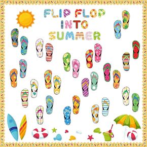 133Pcs Summer Bulletin Board Cutouts Flip Flop Into Summer Classroom Decoration Trim Borders Colorful School Blackboard Wall Decor Hawaiian Beach Party Decor Back to School Supplies