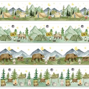 Whaline 69Ft Camping Hiking Bulletin Board Borders Christmas Watercolor Camping Tent Campfire Brown Bear Decoration Trim Border Bulletin Board Stickers for Back to School Classroom Office Party Decor