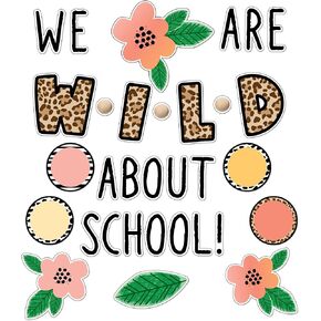 Schoolgirl Style Simply Safari We are Wild About School Bulletin Board Set, Boho Neutral Classroom Bulletin Board Set, Sweet Leaf & Flower Decor, Wood Bead Bulletin Board Decorations (99 pc)