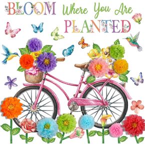 56 Pcs Summer Bulletin Board Decorations Set 3D Flower Cutouts Spring Butterfly Bicycle Leaves Paper Cutouts Bloom Where You are Planted Classroom Decoration for Home School Party Decor