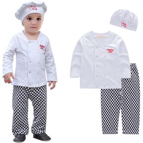 FANCYINN Toddler Baby Chef Costume Halloween Party Outfit Hat Long Sleeve Buttons Down Top and Checkered Pants 3pcs Set