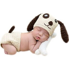 Coberllus Newborn Monthly Baby Photography Props Dog Bonnet Hat, Pant & Bone Sets for Boys Girls Photo Shoot