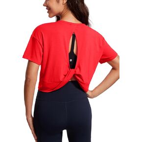 CRZ YOGA Open Back Short Sleeve Crop Top for Women Loose Athletic Yoga Workout Tops Casual Cropped Tee Shirts