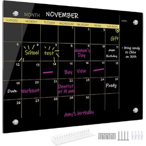 Glass Dry Erase Whiteboard,Monthly Calendar Whiteboard,18" x 24",Frameless Glass White Board for Home,School,Office,Blace Surface(GlassA-BK-4560)