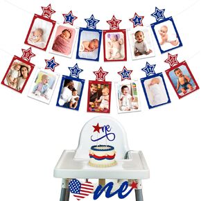 4th of July 1st Birthday Photo Banner for Newborn to 12 Months, Patriotic One Banner and One Cake Topper, Red and Blue Baby Milestone Photo Banner for Little Firecracker Birthday Decoration