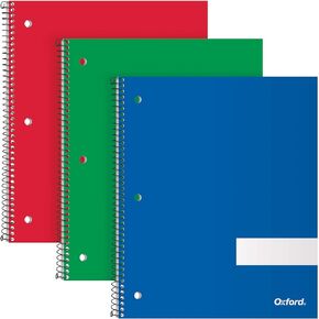 Oxford Spiral Notebooks, 1 Subject, Wide Rule, Durable Covers, Heavy-duty Coil, 1 Pocket, 8.5 x 11, 100 Sheets, Red, Blue, Green, 3/Pack (89702)
