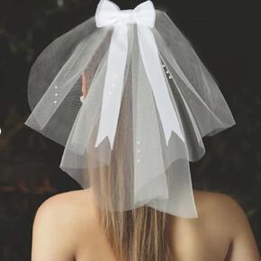 Unsutuo Bride Wedding Veil Short Women's Veils Bow-Knot Bridal Tulle Veil with Pearl Bachelorette for Party (White)