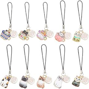 10 Pcs 10 Styles Cat Phone Charms, Alloy Enamel Phone Charms String Cute Cat Paw Phone Strap Phone Case Accessories Keychain for Decoration